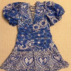 farm rio Blue and White Floral Dress with Puff Sleeves